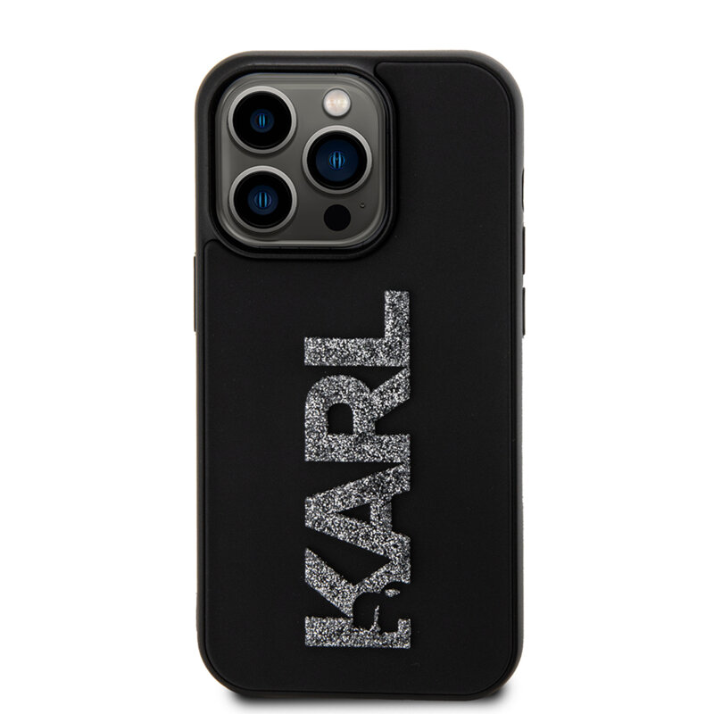 Husa originala iPhone 15 Pro Karl Lagerfeld 3D Design, Rubber Glitter Logo, negru, KLHCP15L3DMBKCK