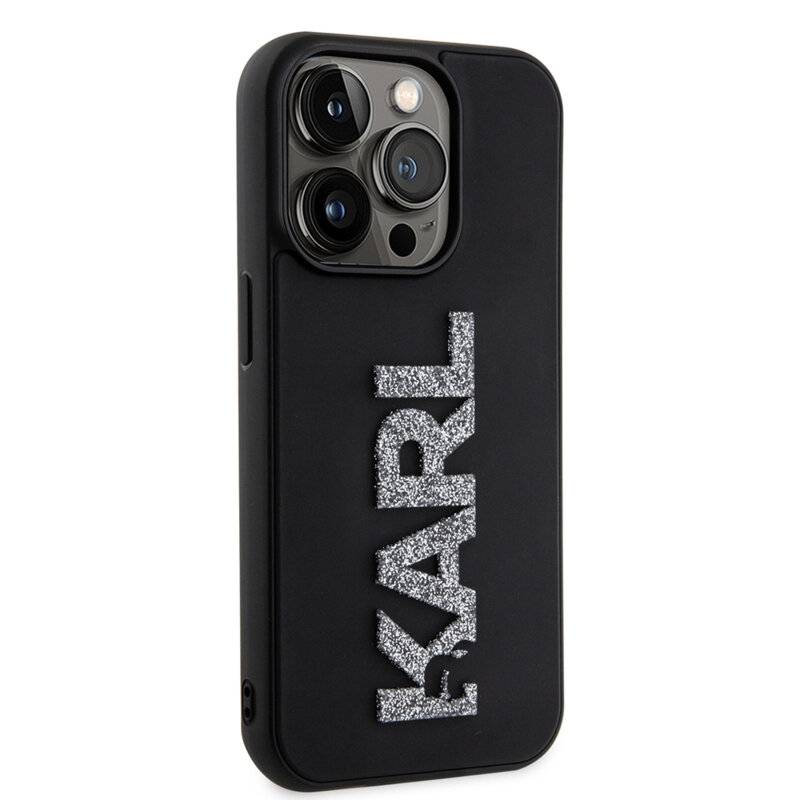 Husa originala iPhone 15 Pro Karl Lagerfeld 3D Design, Rubber Glitter Logo, negru, KLHCP15L3DMBKCK