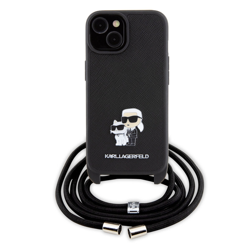 Husa iPhone 15 Plus Karl Lagerfeld Saffiano Crossbody, Metal Pin Karl&Choupette, negru, KLHCP15MSAKCPSK