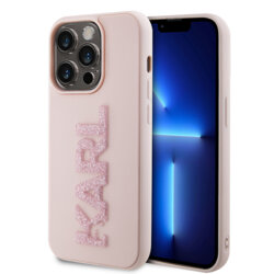 Husa originala iPhone 15 Pro Karl Lagerfeld 3D Design, Rubber Glitter Logo, roz, KLHCP15L3DMBKCP