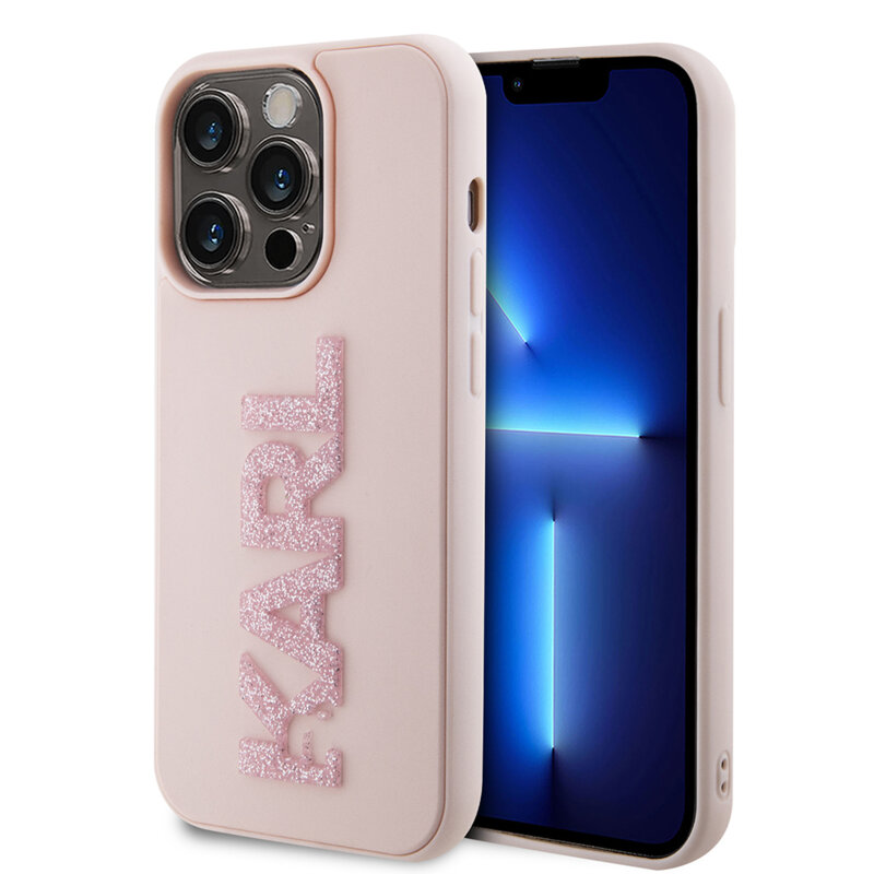 Husa originala iPhone 15 Pro Karl Lagerfeld 3D Design, Rubber Glitter Logo, roz, KLHCP15L3DMBKCP