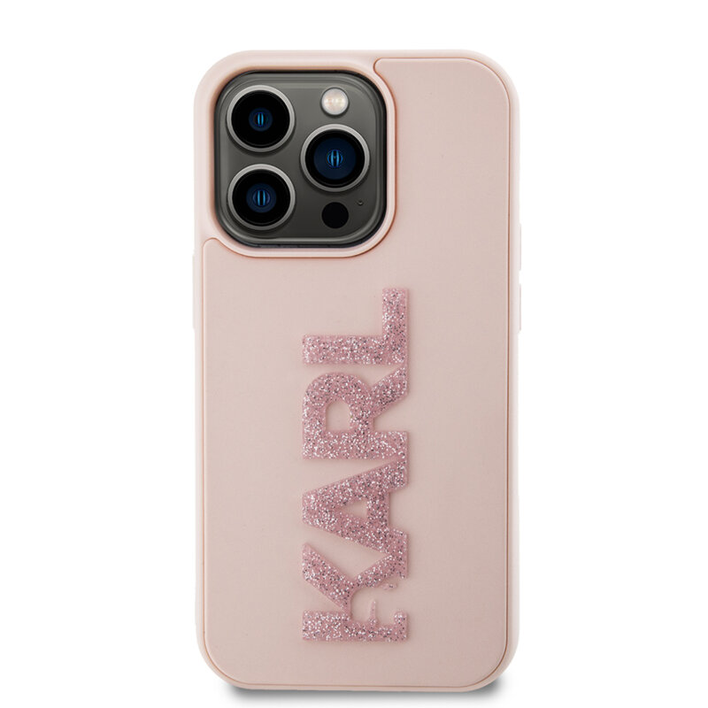 Husa originala iPhone 15 Pro Karl Lagerfeld 3D Design, Rubber Glitter Logo, roz, KLHCP15L3DMBKCP