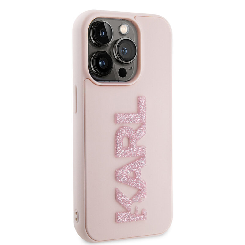 Husa originala iPhone 15 Pro Karl Lagerfeld 3D Design, Rubber Glitter Logo, roz, KLHCP15L3DMBKCP