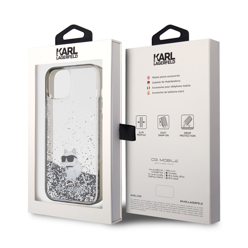 Husa Karl Lagerfeld iPhone 15 Plus Hardcase Liquid Glitter, Choupette, transparent, KLHCP15MLKCNSK