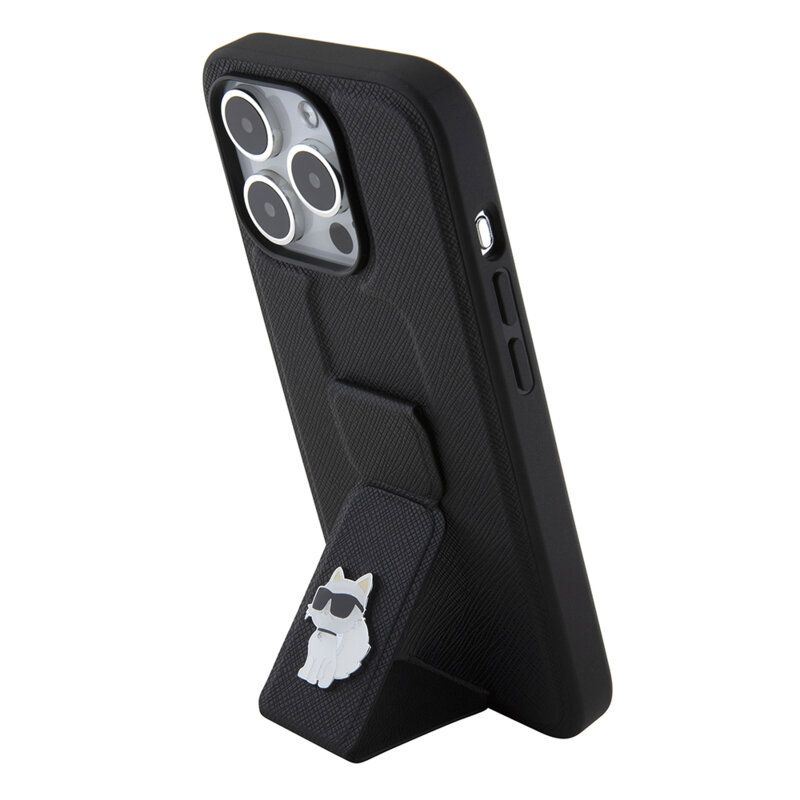 Husa originala iPhone 15 Pro Karl Lagerfeld Saffiano Gripstand, Choupette Pins, KLHCP15LGSACHPK