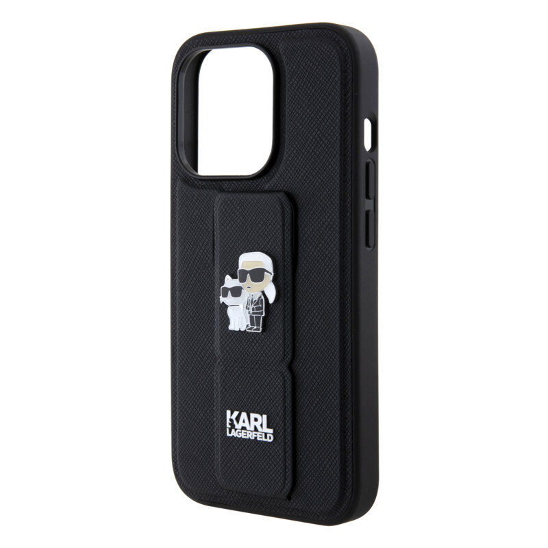 Husa originala iPhone 15 Pro Karl Lagerfeld Saffiano Gripstand, Karl&Choupette Pins, negru, KLHCP15LGSAKCPK