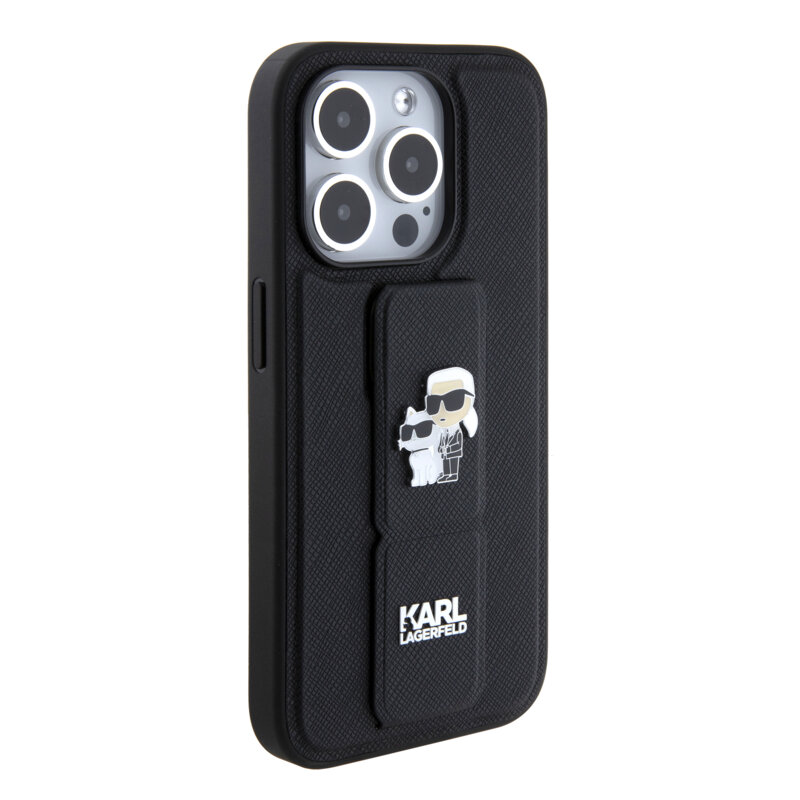 Husa originala iPhone 15 Pro Karl Lagerfeld Saffiano Gripstand, Karl&Choupette Pins, negru, KLHCP15LGSAKCPK