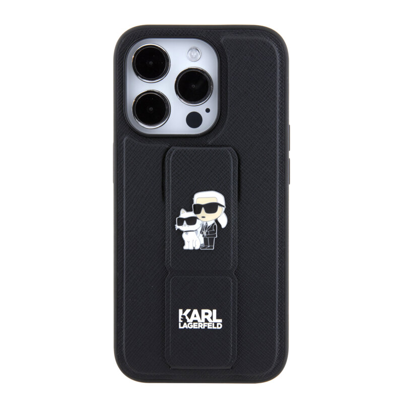 Husa originala iPhone 15 Pro Karl Lagerfeld Saffiano Gripstand, Karl&Choupette Pins, negru, KLHCP15LGSAKCPK