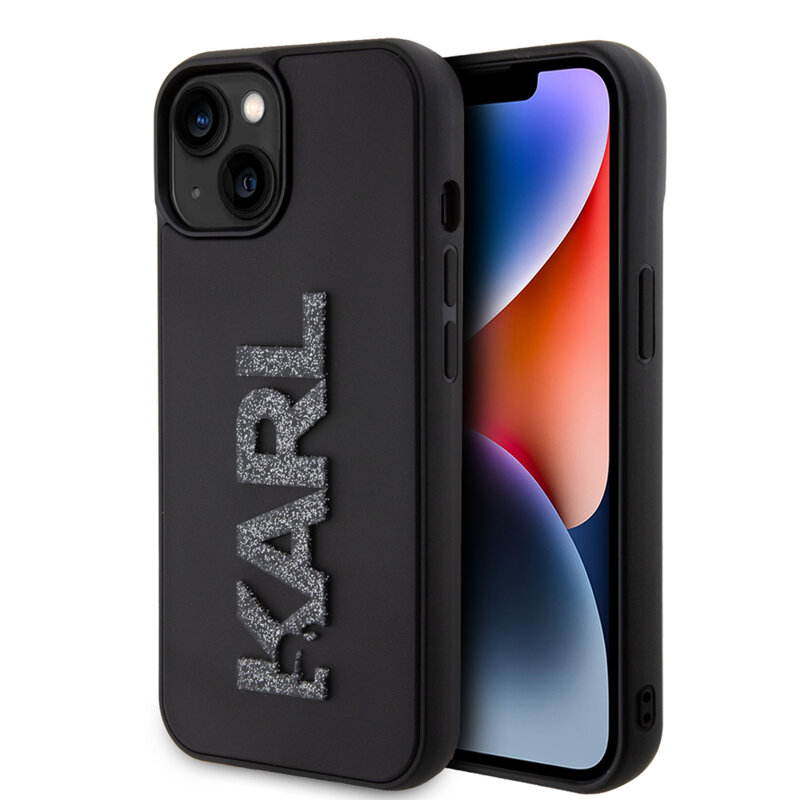 Husa originala iPhone 15 Plus Karl Lagerfeld 3D Design, Rubber Glitter Logo, negru, KLHCP15M3DMBKCK