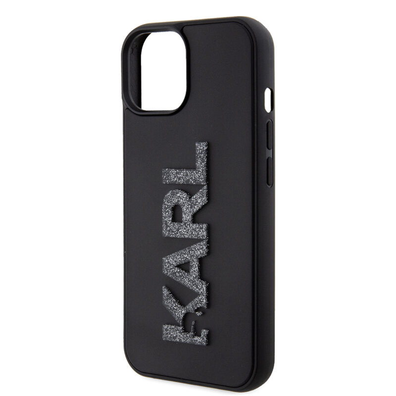 Husa originala iPhone 15 Plus Karl Lagerfeld 3D Design, Rubber Glitter Logo, negru, KLHCP15M3DMBKCK