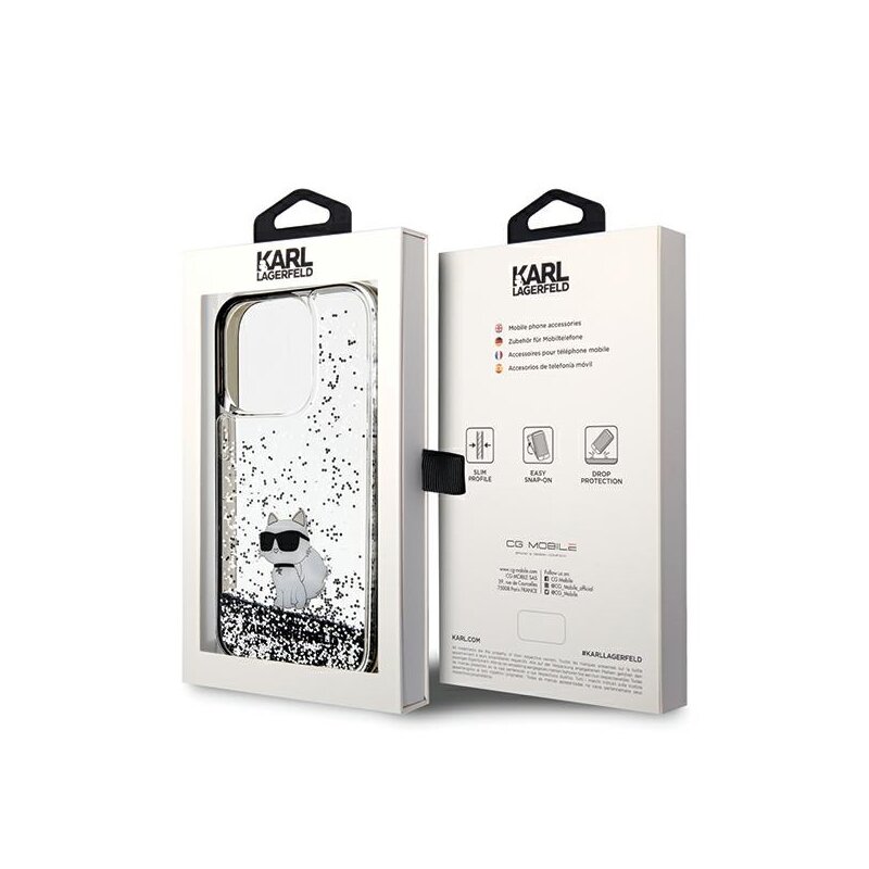 Husa Karl Lagerfeld iPhone 14 Pro Max Hardcase Liquid Glitter, Choupette, transparenta, KLHCP14XLKCNSK