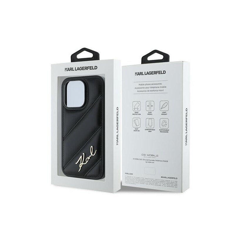 Husa iPhone 14 Pro Max Karl Lagerfeld Diagonal Quilted Script, negru, KLHCP14XPQDSMGK