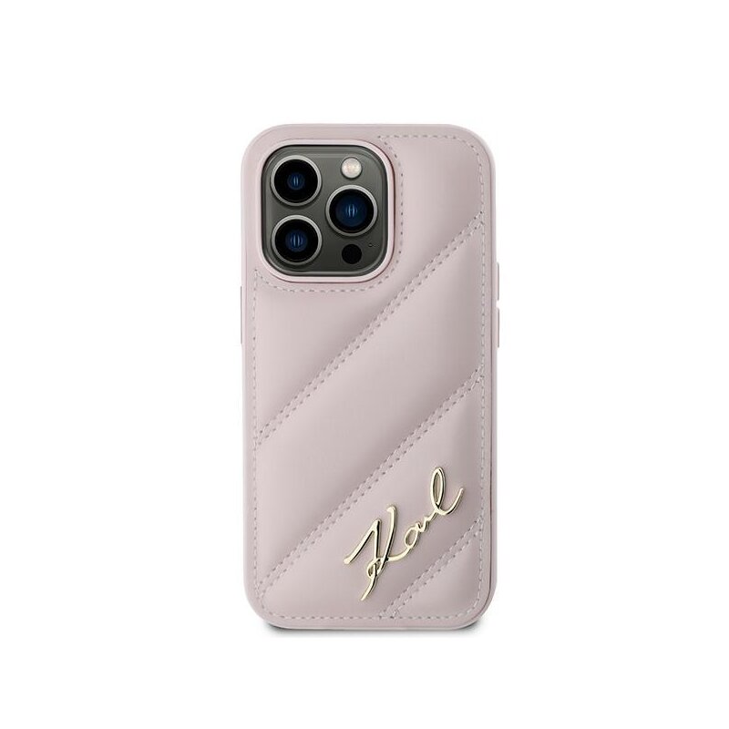Husa iPhone 14 Pro Max Karl Lagerfeld Diagonal Quilted Script, roz, KLHCP14XPQDSMGP