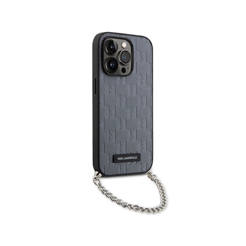 Husa originala iPhone 14 Pro Max Karl Lagerfeld Saffiano Monogram Chain, gri, KLHCP14XSACKLHPG