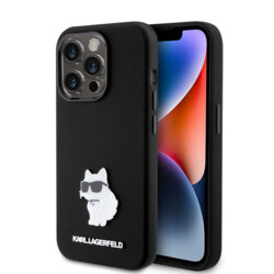 Husa Karl Lagerfeld iPhone 15 Pro Silicone, Choupette Metal Pin, negru, KLHCP15LSMHCNPK
