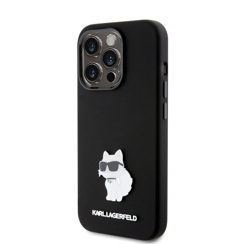 Husa Karl Lagerfeld iPhone 15 Pro Silicone, Choupette Metal Pin, negru, KLHCP15LSMHCNPK