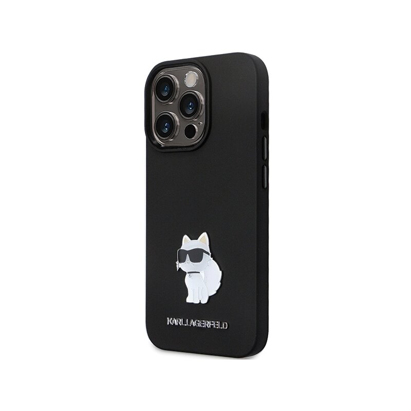 Husa Karl Lagerfeld iPhone 14 Pro Max Silicone, Choupette Metal Pin, negru, KLHCP14XSMHCNPK