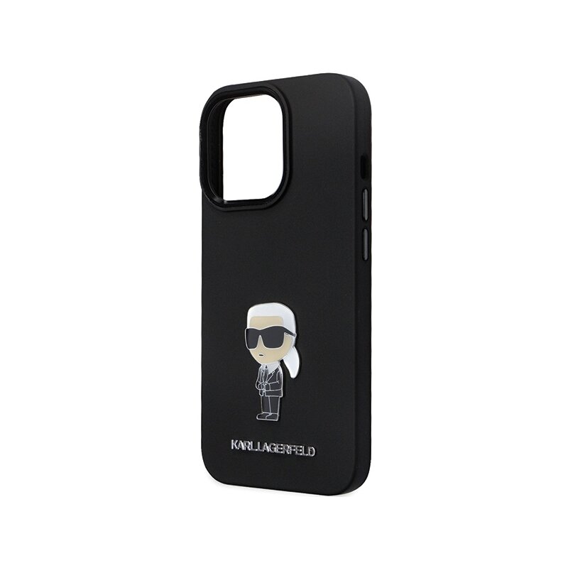 Husa Karl Lagerfeld iPhone 14 Pro Max Silicone, Ikonik Metal Pin, negru, KLHCP14XSMHKNPK