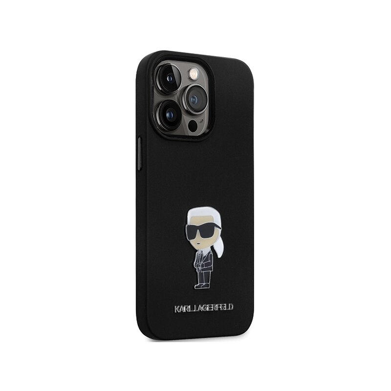 Husa Karl Lagerfeld iPhone 14 Pro Max Silicone, Ikonik Metal Pin, negru, KLHCP14XSMHKNPK