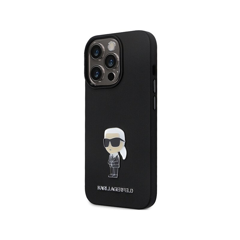 Husa Karl Lagerfeld iPhone 14 Pro Max Silicone, Ikonik Metal Pin, negru, KLHCP14XSMHKNPK