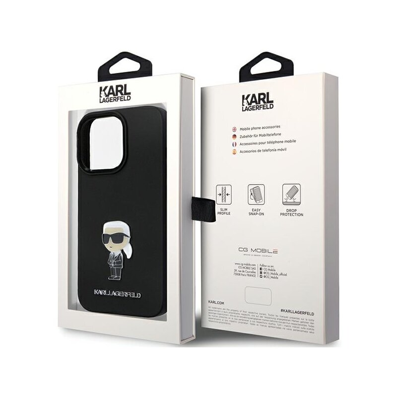 Husa Karl Lagerfeld iPhone 14 Pro Max Silicone, Ikonik Metal Pin, negru, KLHCP14XSMHKNPK