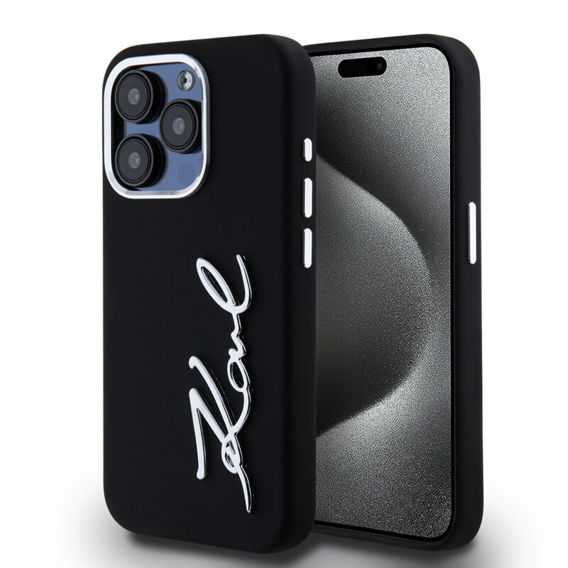 Husa Karl Lagerfeld iPhone 15 Pro Silicone, Metal Script Logo, negru, KLHCP15LSCMSMVK