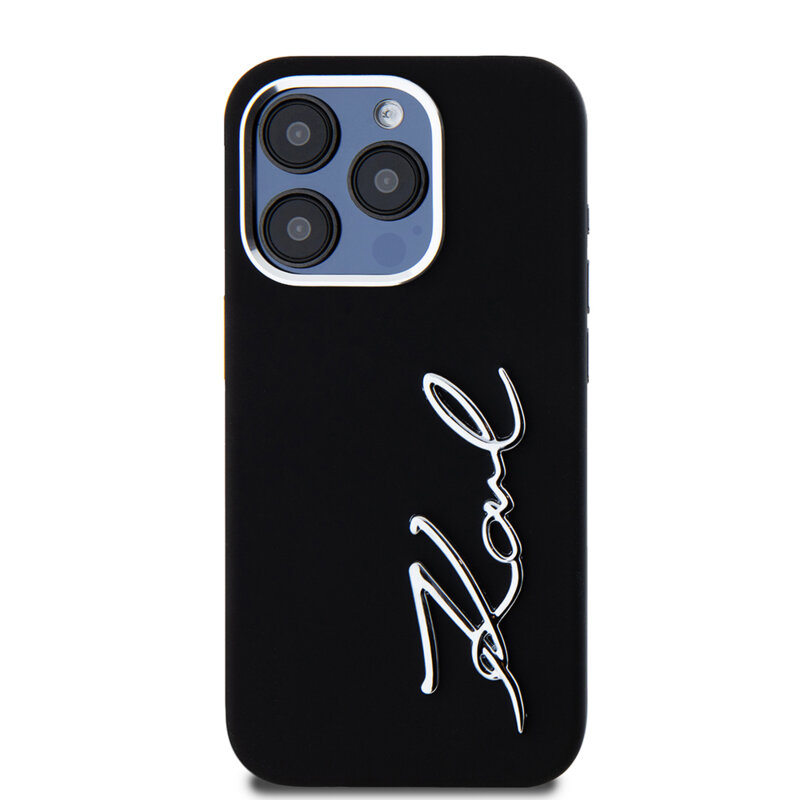Husa Karl Lagerfeld iPhone 15 Pro Silicone, Metal Script Logo, negru, KLHCP15LSCMSMVK