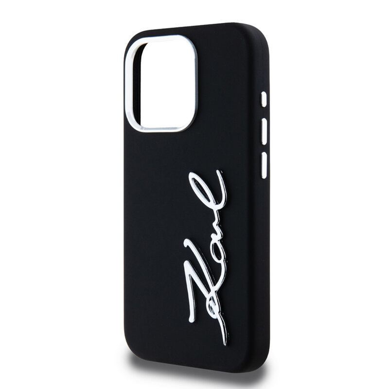 Husa Karl Lagerfeld iPhone 15 Pro Silicone, Metal Script Logo, negru, KLHCP15LSCMSMVK