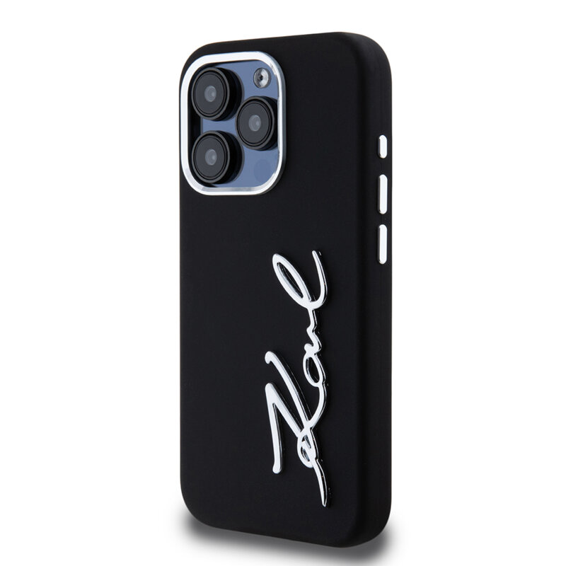 Husa Karl Lagerfeld iPhone 15 Pro Silicone, Metal Script Logo, negru, KLHCP15LSCMSMVK