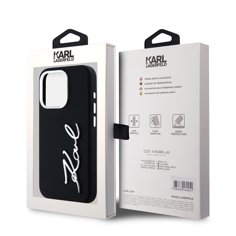 Husa Karl Lagerfeld iPhone 15 Pro Silicone, Metal Script Logo, negru, KLHCP15LSCMSMVK