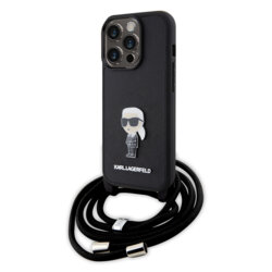 Husa iPhone 15 Pro Karl Lagerfeld Saffiano Crossbody, Monogram Metal Pin Karl, negru, KLHCP15LSASKNPSK