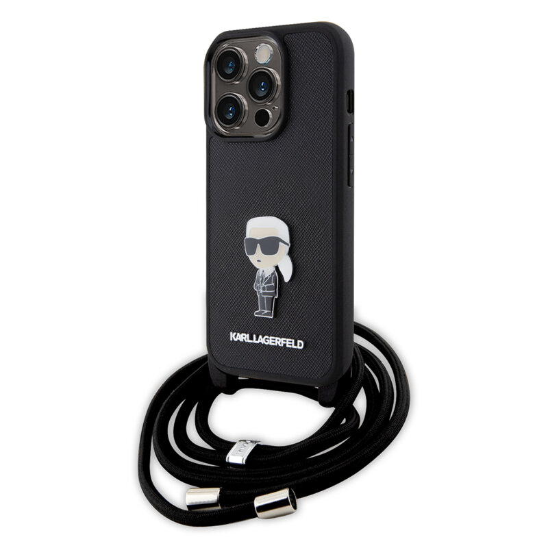 Husa iPhone 15 Pro Karl Lagerfeld Saffiano Crossbody, Monogram Metal Pin Karl, negru, KLHCP15LSASKNPSK