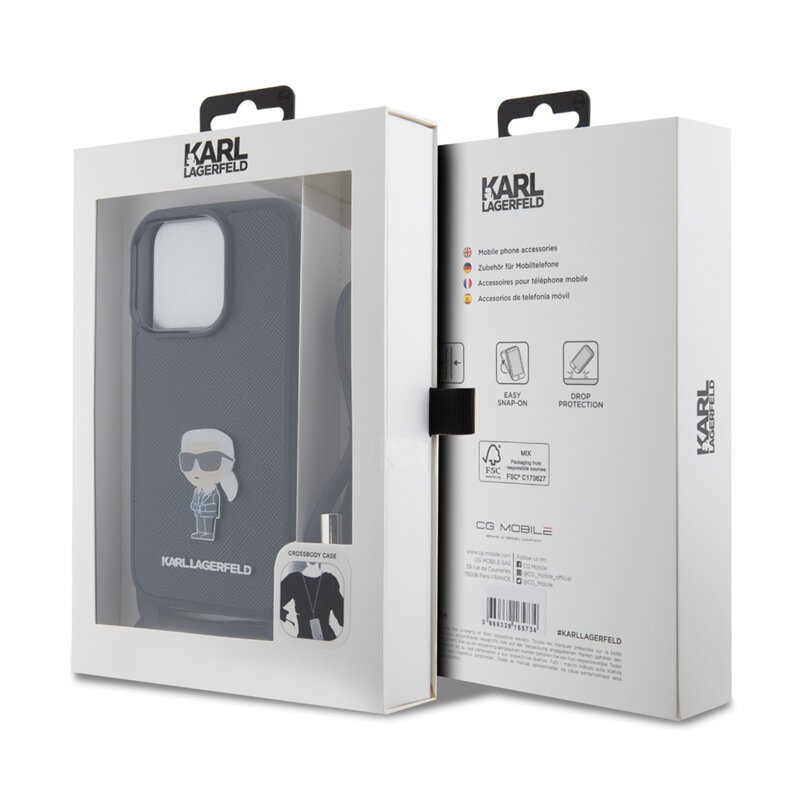 Husa iPhone 15 Pro Karl Lagerfeld Saffiano Crossbody, Monogram Metal Pin Karl, negru, KLHCP15LSASKNPSK