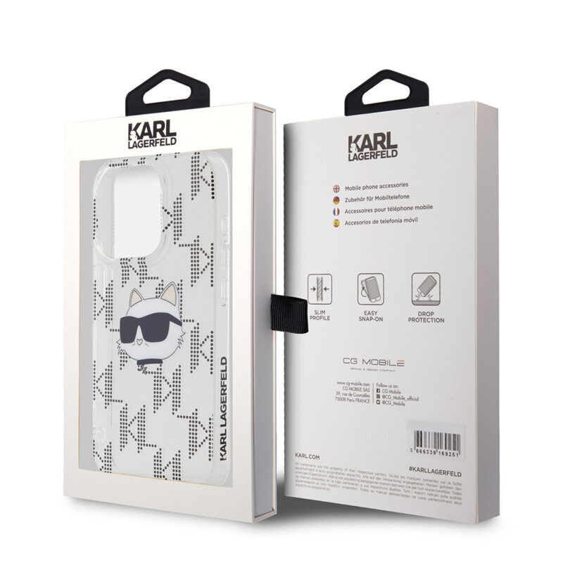 Husa iPhone 15 Pro Karl Lagerfeld IML Luxury, Choupette Head&Monogram, transparenta, KLHCP15LHKLPCHT