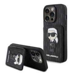 Husa iPhone 15 Pro Karl Lagerfeld Saffiano Cardslots and Stand, Monogram Ikonik, negru, KLHCP15LSAKKNSCK