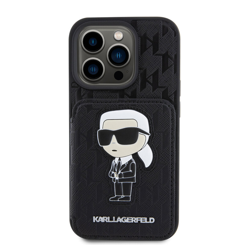 Husa iPhone 15 Pro Karl Lagerfeld Saffiano Cardslots and Stand, Monogram Ikonik, negru, KLHCP15LSAKKNSCK