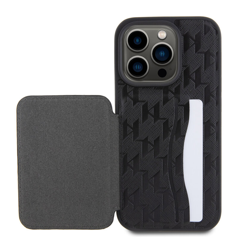 Husa iPhone 15 Pro Karl Lagerfeld Saffiano Cardslots and Stand, Monogram Ikonik, negru, KLHCP15LSAKKNSCK