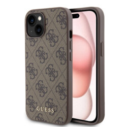 Husa originala Guess iPhone 15 Hardcase 4G Metal Gold Logo, maro, GUHCP15SG4GFBR