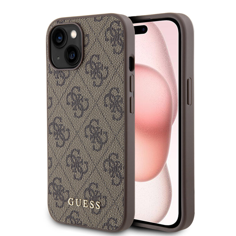 Husa originala Guess iPhone 15 Hardcase 4G Metal Gold Logo, maro, GUHCP15SG4GFBR
