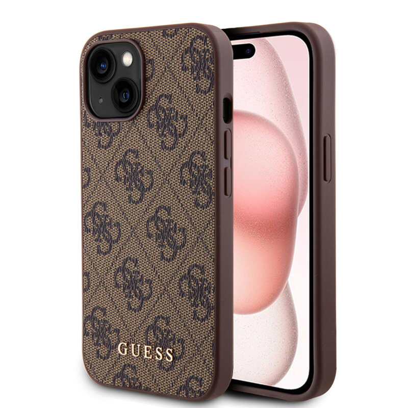 Husa originala Guess iPhone 15 Plus Hardcase 4G Metal Gold Logo, maro, GUHCP15MG4GFBR