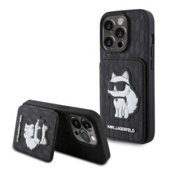 Husa iPhone 15 Pro Karl Lagerfeld Saffiano Cardslots and Stand, Monogram Choupette, KLHCP15LSAKCNSCK