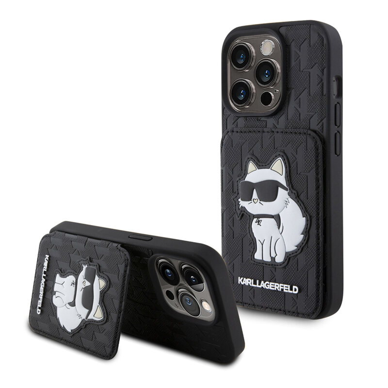 Husa iPhone 15 Pro Karl Lagerfeld Saffiano Cardslots and Stand, Monogram Choupette, KLHCP15LSAKCNSCK