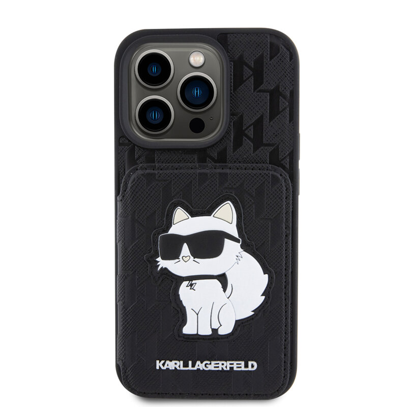 Husa iPhone 15 Pro Karl Lagerfeld Saffiano Cardslots and Stand, Monogram Choupette, KLHCP15LSAKCNSCK