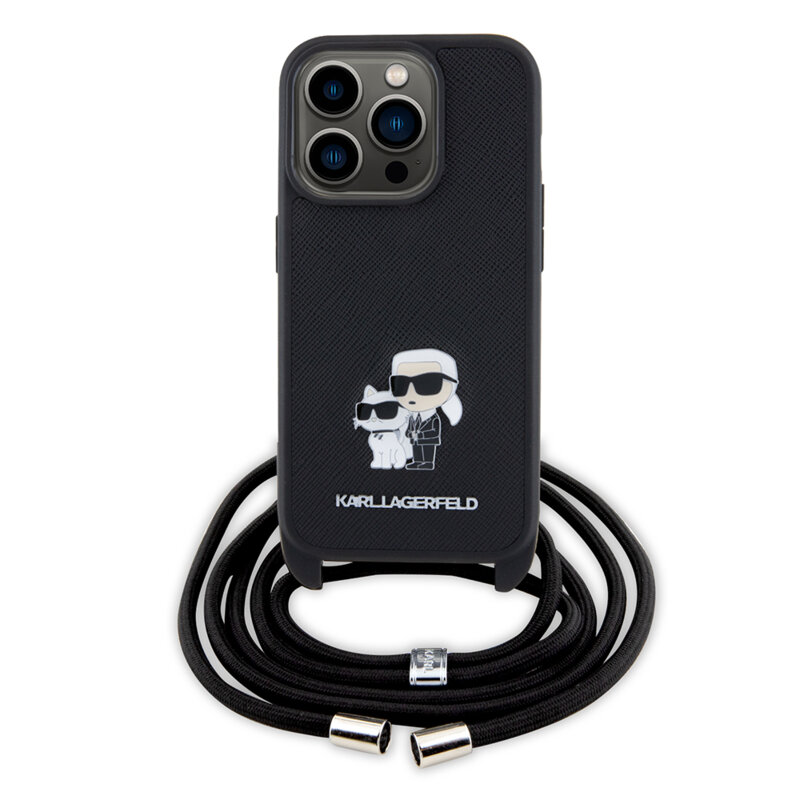 Husa iPhone 15 Pro Karl Lagerfeld Saffiano Crossbody, Metal Pin Karl&Choupette, KLHCP15LSAKCPSK
