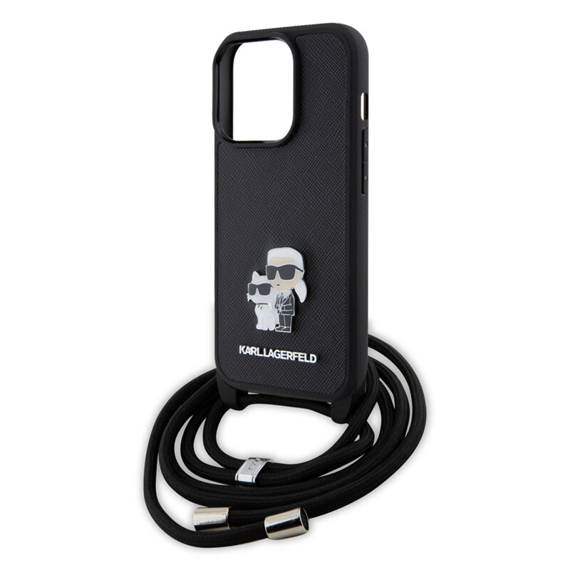 Husa iPhone 15 Pro Karl Lagerfeld Saffiano Crossbody, Metal Pin Karl&Choupette, KLHCP15LSAKCPSK