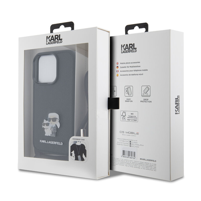Husa iPhone 15 Pro Karl Lagerfeld Saffiano Crossbody, Metal Pin Karl&Choupette, KLHCP15LSAKCPSK