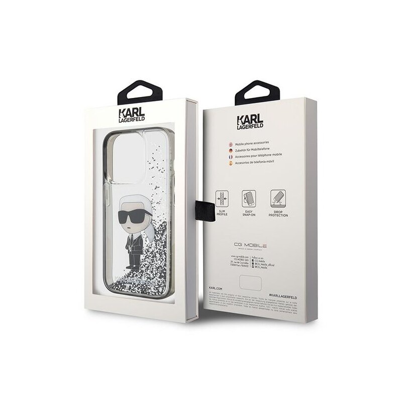 Husa Karl Lagerfeld iPhone 15 Pro Hardcase Liquid Glitter, Ikonik, transparenta, KLHCP15LLKKNSK