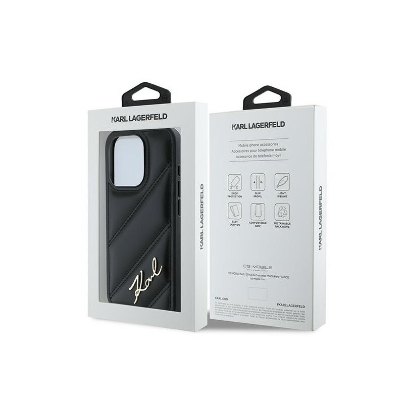 Husa iPhone 15 Pro Karl Lagerfeld Diagonal Quilted Script, negru, KLHCP15LPQDSMGK