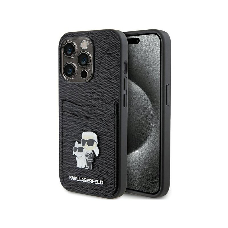 Husa iPhone 15 Pro Karl Lagerfeld Saffiano Cardslot, Karl&Choupette, negru, KLHCP15LSAPKCNPK