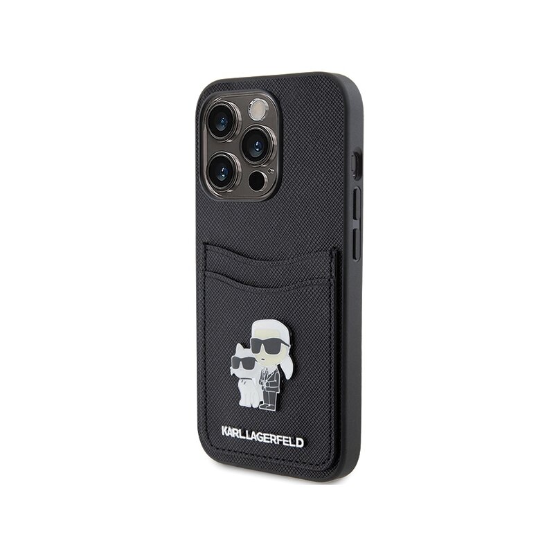 Husa iPhone 15 Pro Karl Lagerfeld Saffiano Cardslot, Karl&Choupette, negru, KLHCP15LSAPKCNPK